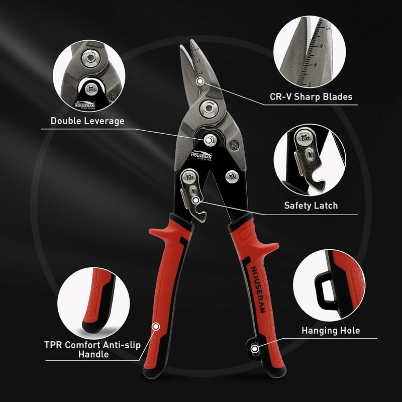 HOUSERAN 10 Inch Tin Snips, Right Cut Offset Aviation Snips, Heavy Duty CR-MO Metal Cutter with Double Lever, Scale Markings & Safety Lock, Tinner Shears Scissors for Cutting Metal Sheet - Image 2